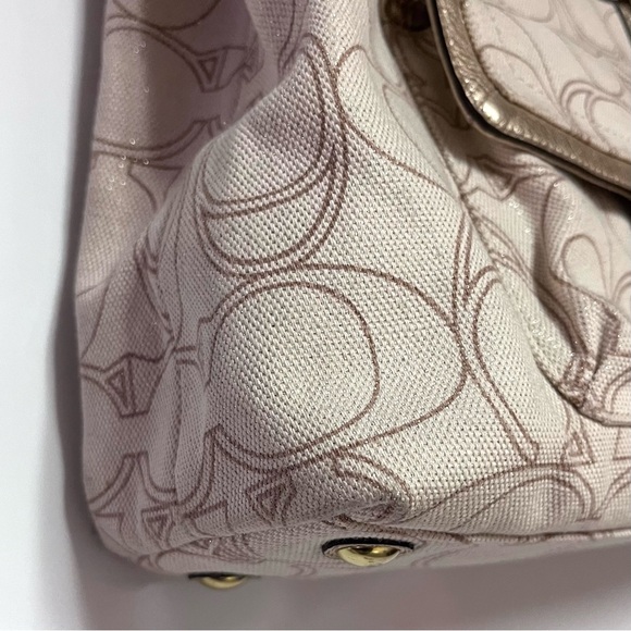 Coach Monogram Penelope Handbag Satchel Gold Leather Ivory Linen Signature C - Picture 9 of 16